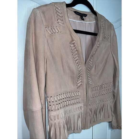WHITE HOUSE BLACK MARKET WHBM Fringe Leather Suede Jacket Small Light Pink Boho - Picture 2 of 16